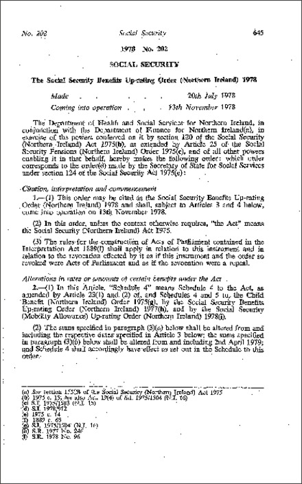 The Social Security Benefits Up-rating Order (Northern Ireland) 1978