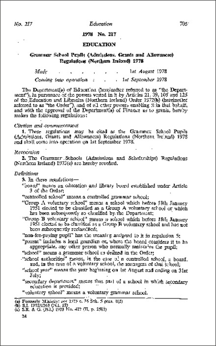 The Grammar School Pupils (Admissions, Grants and Allowances) Regulations (Northern Ireland) 1978