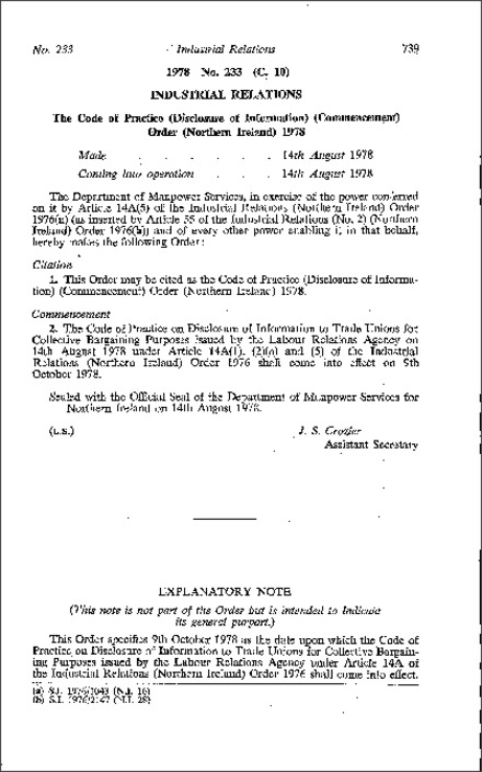 The Code of Practice (Disclosure of Information) (Commencement) Order (Northern Ireland) 1978