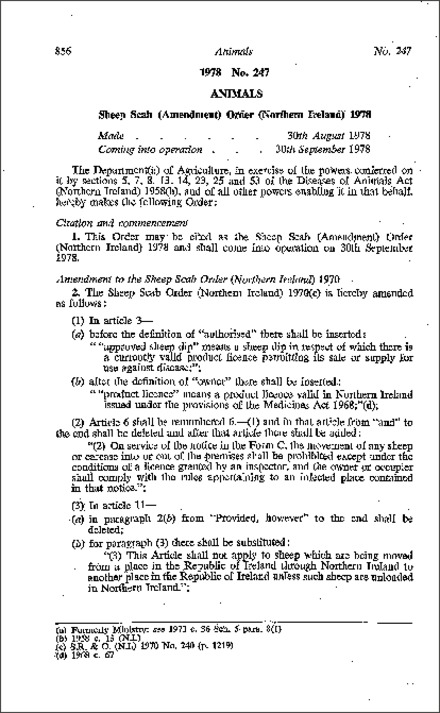 The Sheep Scab (Amendment) Order (Northern Ireland) 1978