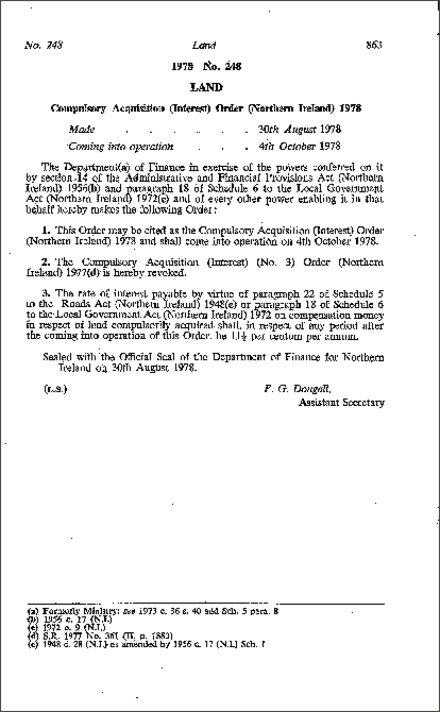 The Compulsory Acquisition (Interest) Order (Northern Ireland) 1978