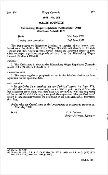 The Shirtmaking Wages Regulations (Amendment) Order (Northern Ireland) 1978