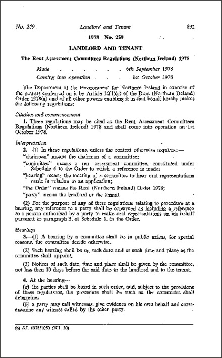 The Rent Assessment Committees Regulations (Northern Ireland) 1978
