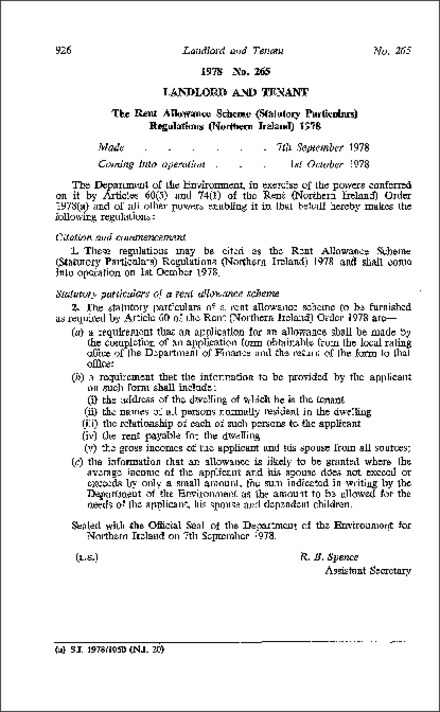 The Rent Allowance Scheme (Statutory Particulars) Regulations (Northern ...