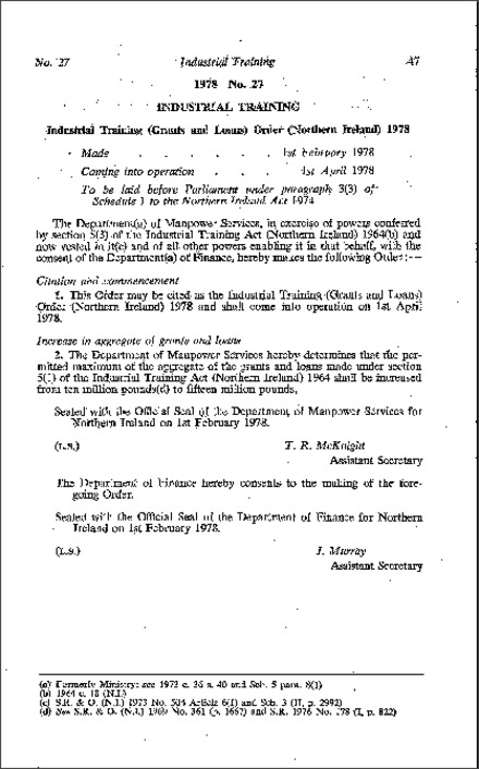 The Industrial Training (Grants and Loans) Order (Northern Ireland) 1978