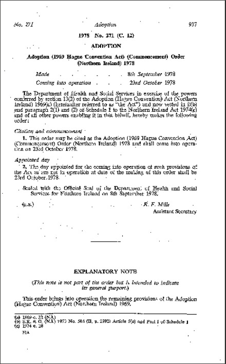 The Adoption (1969 Hague Convention Act) (Commencement) Order (Northern Ireland) 1978