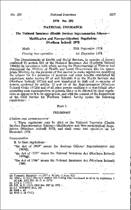 The National Insurance (Health Services Superannuation Scheme - Modification and Non-participation) Regulations (Northern Ireland) 1978