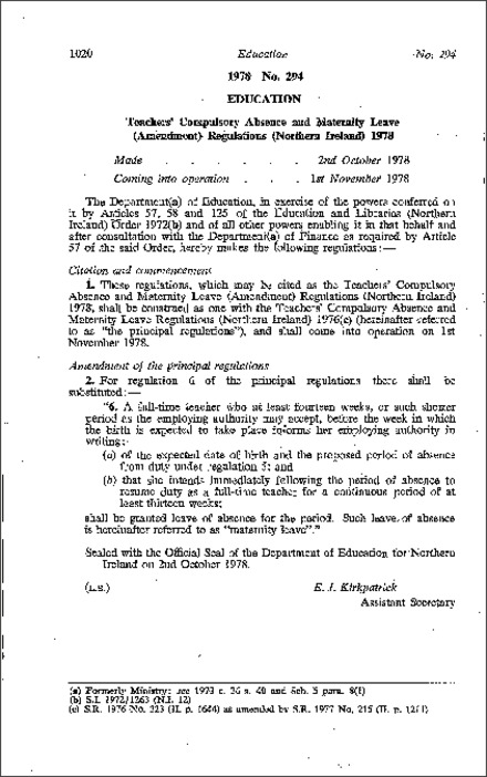 The Teachers' Compulsory Absence and Maternity Leave (Amendment) Regulations (Northern Ireland) 1978