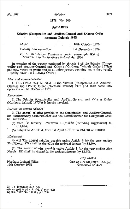 The Salaries (Comptroller and Auditor-General and Others) Order (Northern Ireland) 1978