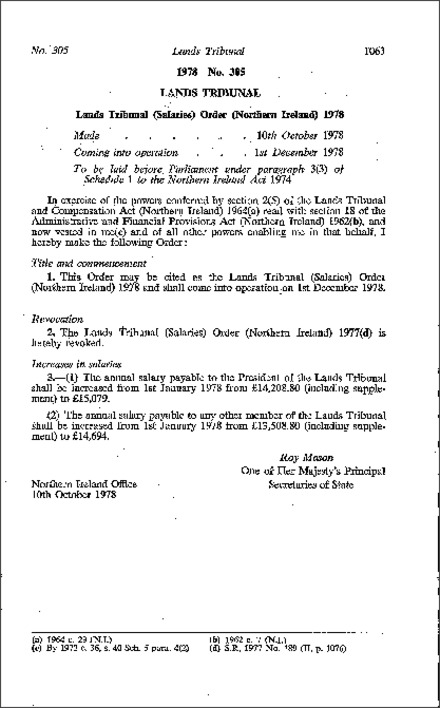 The Lands Tribunal (Salaries) Order (Northern Ireland) 1978