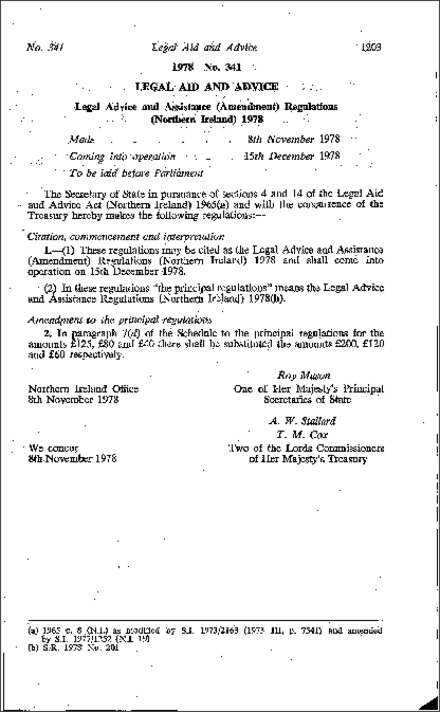 The Legal Advice and Assistance (Amendment) Regulations (Northern Ireland) 1978