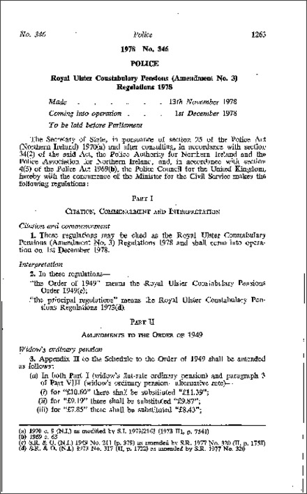 The Royal Ulster Constabulary Pensions (Amendment No. 3) Regulations (Northern Ireland) 1978