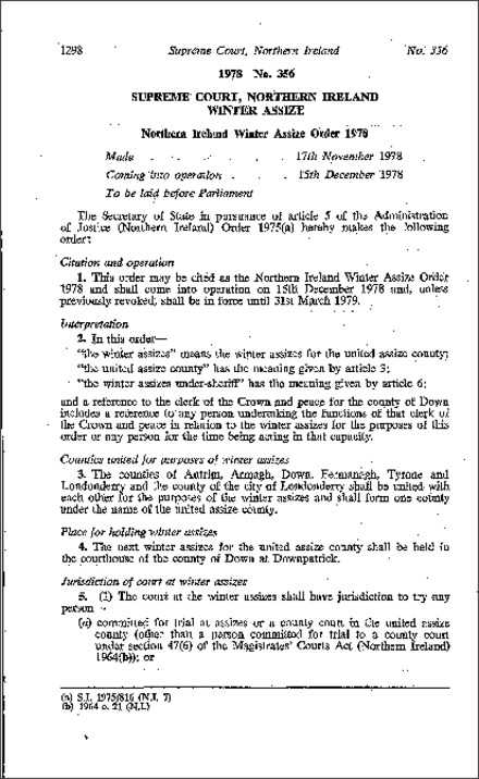 The Northern Ireland Winter Assize Order (Northern Ireland) 1978