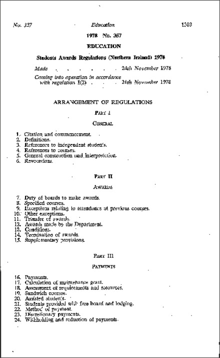 The Students Awards Regulations (Northern Ireland) 1978