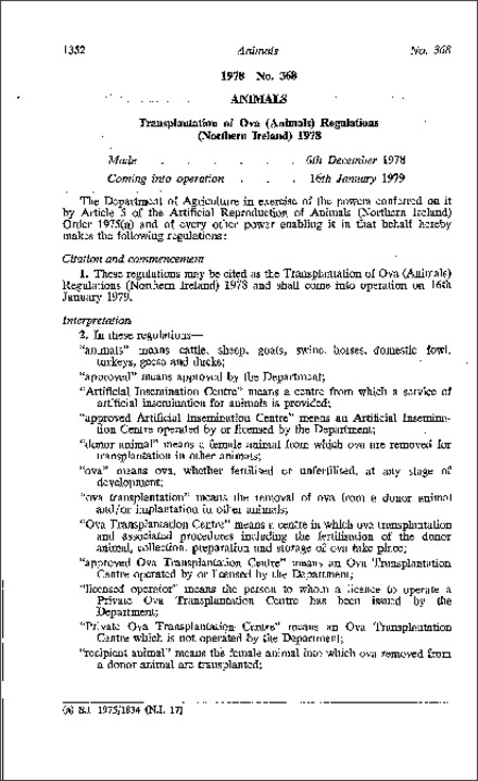The Transplantation of Ova (Animals) Regulations (Northern Ireland) 1978