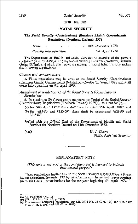 The Social Security (Contributions) (Earnings Limits) (Amendment) Regulations (Northern Ireland) 1978