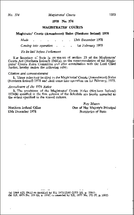 The Magistrates' Courts (Amendment) Rules (Northern Ireland) 1978