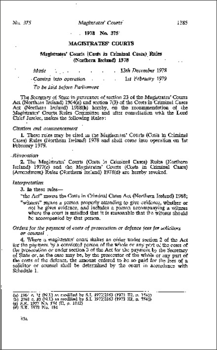 The Magistrates' Courts (Costs in Criminal Cases) Rules (Northern Ireland) 1978