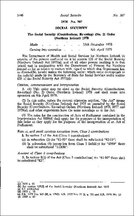 The Social Security (Contributions, Re-rating) (No. 2) Order (Northern Ireland) 1978