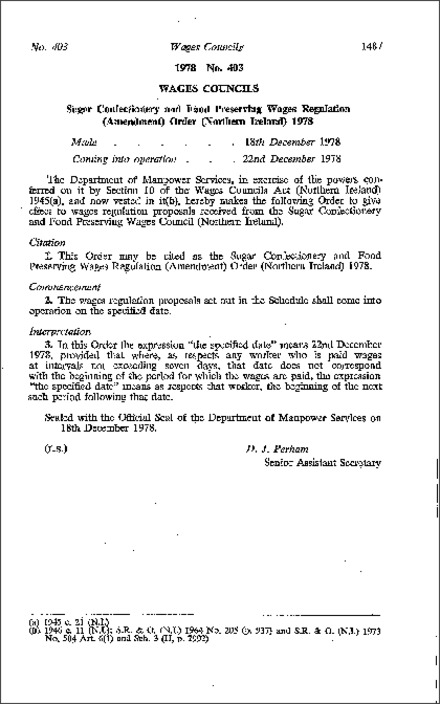 The Sugar Confectionery and Food Preserving Wages Regulation Order (Northern Ireland) 1978