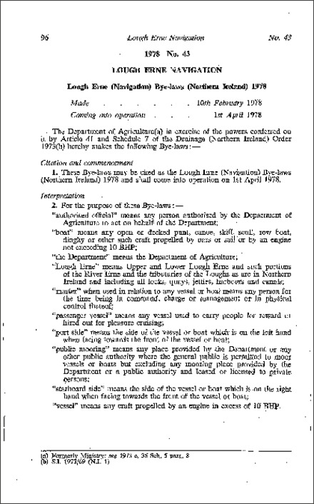 The Lough Erne (Navigation) Byelaws (Northern Ireland) 1978