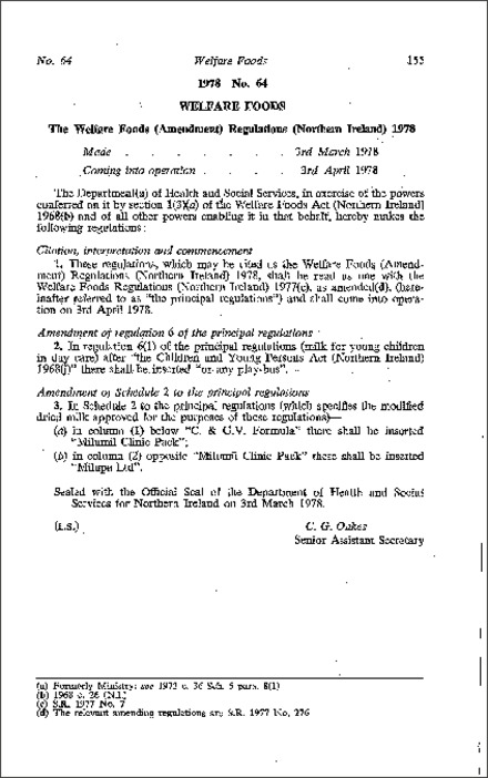 The Welfare Foods (Amendment) Regulations (Northern Ireland) 1978