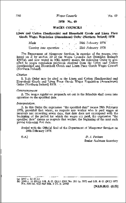 The Linen and Cotton Handkerchief and Household Goods and Linen Piece Goods Wages Regulations (Amendment) Order (Northern Ireland) 1978