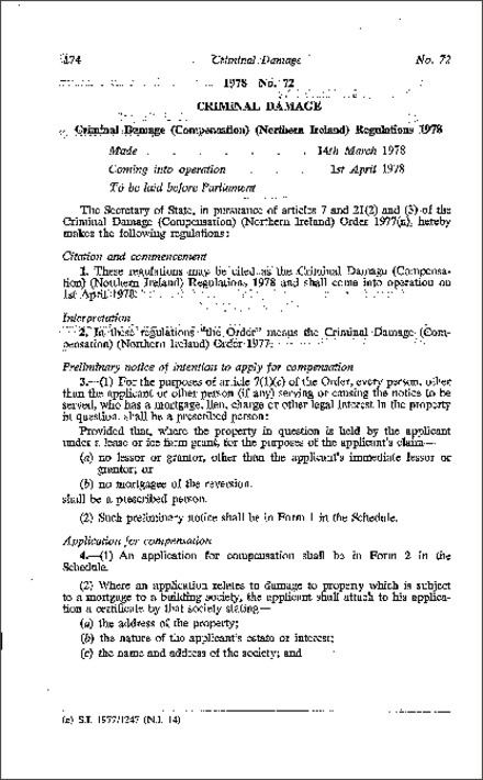 The Criminal Damage (Compensation) Regulations (Northern Ireland) 1978