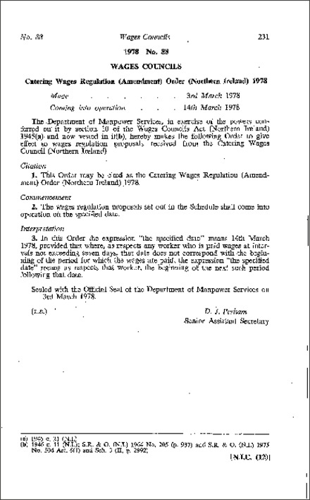 The Catering Wages Regulation (Amendment) Order (Northern Ireland) 1978