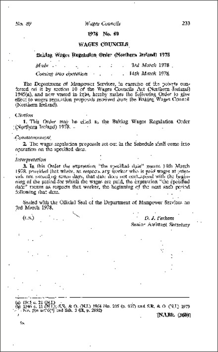 The Baking Wages Regulation Order (Northern Ireland) 1978