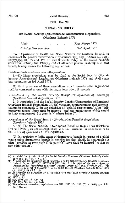 The Social Security (Miscellaneous Amendment) Regulations (Northern Ireland) 1978