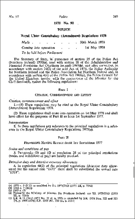 The Royal Ulster Constabulary (Amendment) Regulations (Northern Ireland) 1978