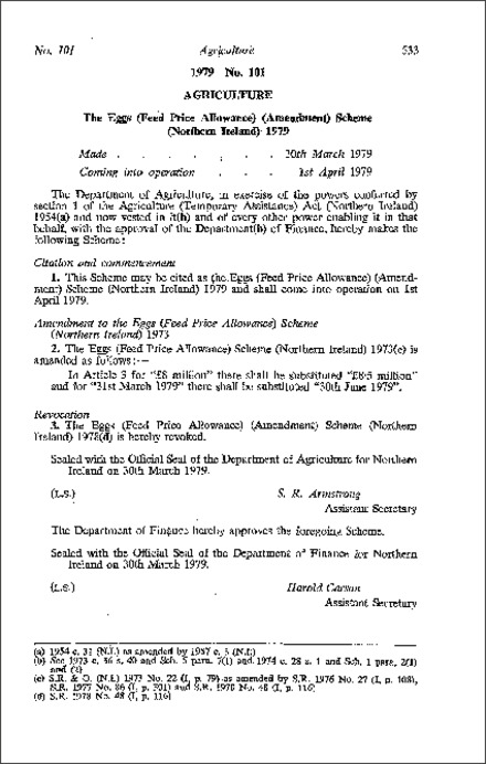 The Eggs (Feed Price Allowance) (Amendment) Scheme (Northern Ireland) 1979