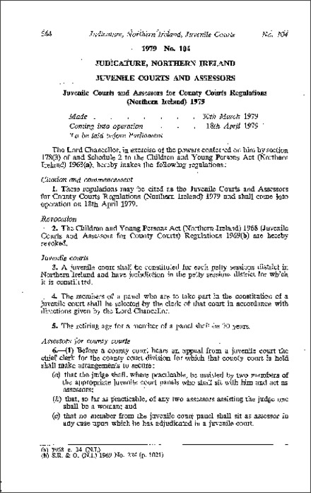 The Juvenile Courts and Assessors for County Courts Regulations (Northern Ireland) 1979