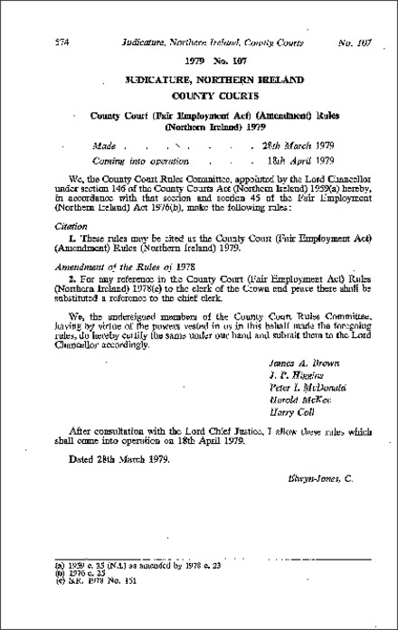 The County Court (Fair Employment Act) (Amendment) Rules (Northern Ireland) 1979