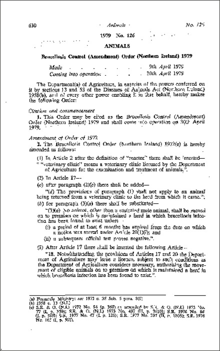 The Brucellosis Control (Amendment) Order (Northern Ireland) 1979