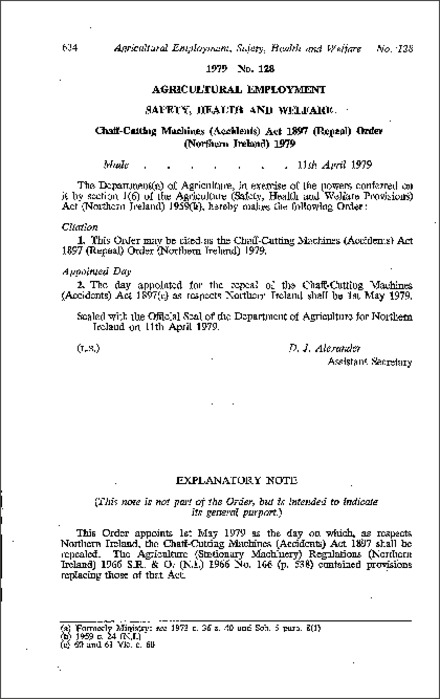 The Chaff-Cutting Machines (Accidents) Act 1897 (Repeal) Order (Northern Ireland) 1979