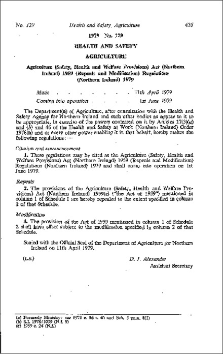 The Agriculture (Safety, Health and Welfare Provisions) Act. 1959 (Repeals and Modification) Regulations (Northern Ireland) 1979