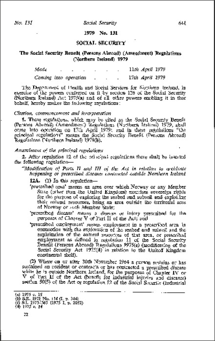 The Social Security Benefit (Persons Abroad) (Amendment) Regulations (Northern Ireland) 1979