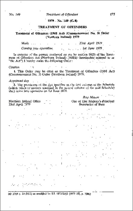 The Treatment of Offenders (1968 Act) (Commencement No. 3) Order (Northern Ireland) 1979