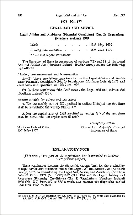 The Legal Advice and Assistance (Financial Conditions) (No. 2) Regulations (Northern Ireland) 1979