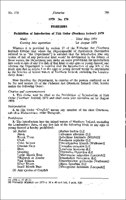 The Prohibition of Introduction of Fish Order (Northern Ireland) 1979