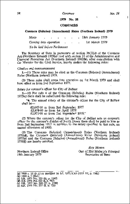 The Coroners (Salaries) (Amendment) Rules (Northern Ireland) 1979