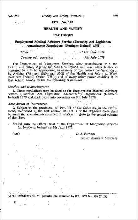 The Employment Medical Advisory Service (Factories Act Legislation Amendment) Regulations (Northern Ireland) 1979