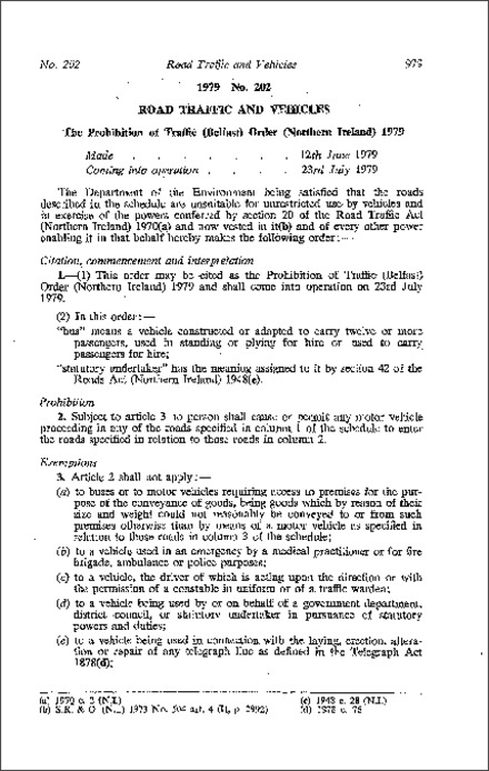 The Prohibition of Traffic (Belfast) Order (NI) 1979