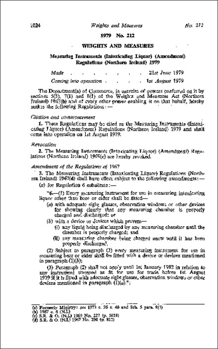 The Measuring Instruments (Intoxicating Liquor) (Amendment) Regulations (Northern Ireland) 1979