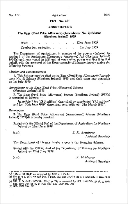 The Eggs (Feed Price Allowance) (Amendment No. 2) Scheme (Northern Ireland) 1979
