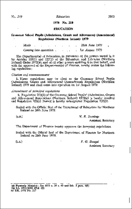 The Grammar School Pupils (Admissions, Grants and Allowances) (Amendment) Regulations (Northern Ireland) 1979