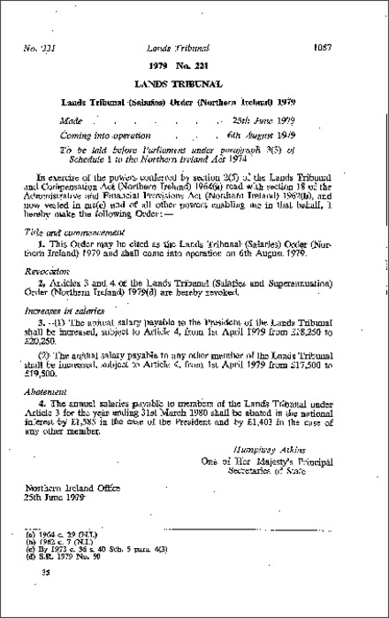 The Lands Tribunal (Salaries) Order (Northern Ireland) 1979