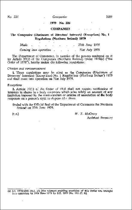 The Companies (Disclosure of Directors' Interests) (Exceptions) No. 1 Regulations (Northern Ireland) 1979
